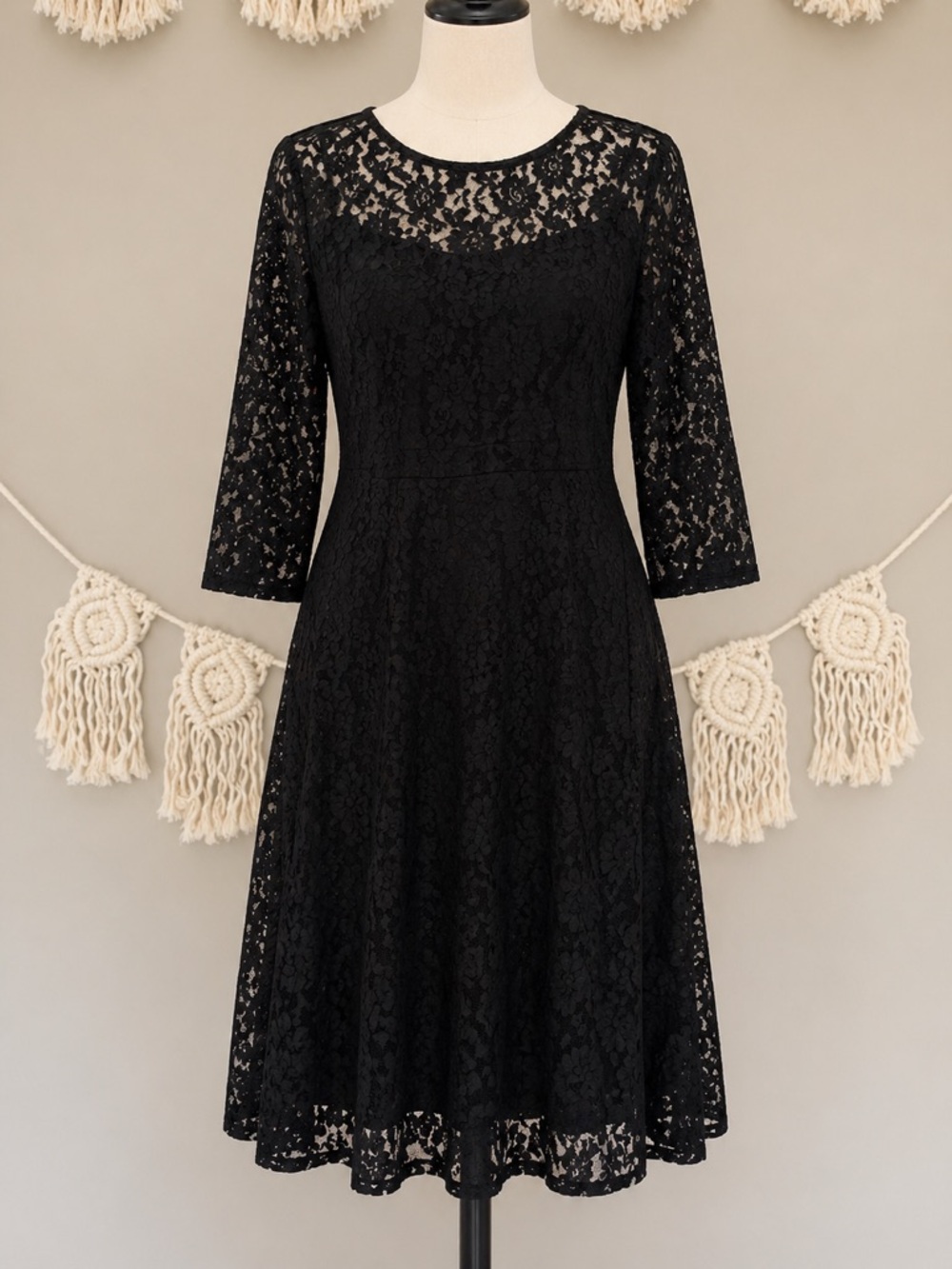 Casa Donna Elegant Black Stretch Lace Long Sleeve Dress